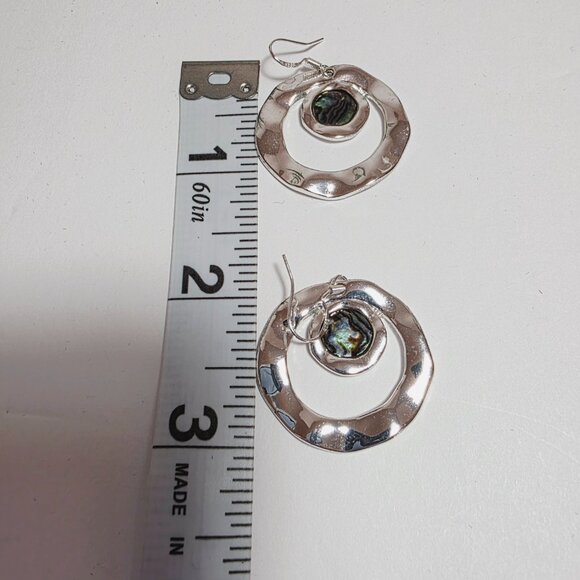 Silver Hammered Hoop Earrings with Abalone Shell Accent - Picture 4 of 4